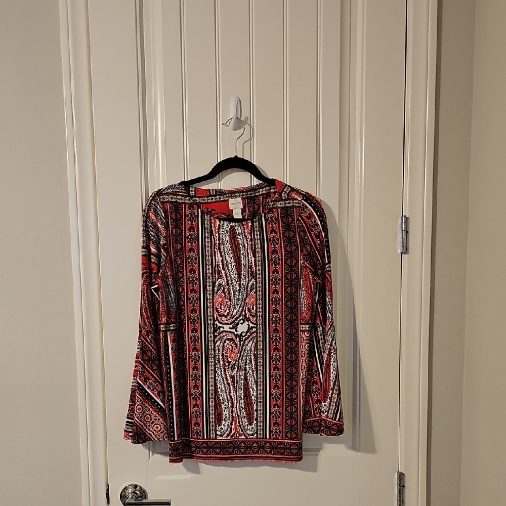 Chicos Red and Black Paisley Long Sleeve Top